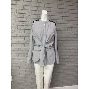 Worthington Women Black White Striped Long Sleeve Front Tie Shirt Size M